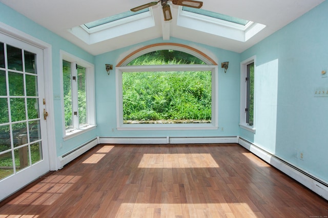 106 Hedgehog Ln, Simsbury, CT 06092 - empty room with a skylight, baseboard heating, a ceiling fan, and wood finished floors