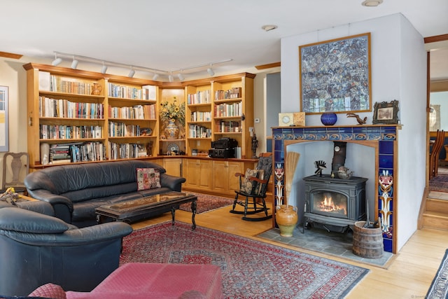 143 Petticoat Ln, East Haddam, CT 06423 - living room featuring light wood-type flooring, a wood stove, and track lighting