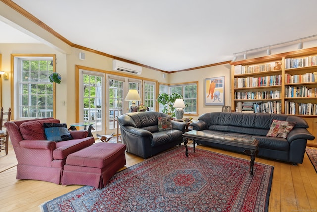 143 Petticoat Ln, East Haddam, CT 06423 - living room with hardwood / wood-style floors, an AC wall unit, crown molding, and track lighting