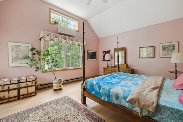 143 Petticoat Ln, East Haddam, CT 06423 - bedroom featuring a wall mounted AC, wood finished floors, a baseboard radiator, high vaulted ceiling, and a ceiling fan
