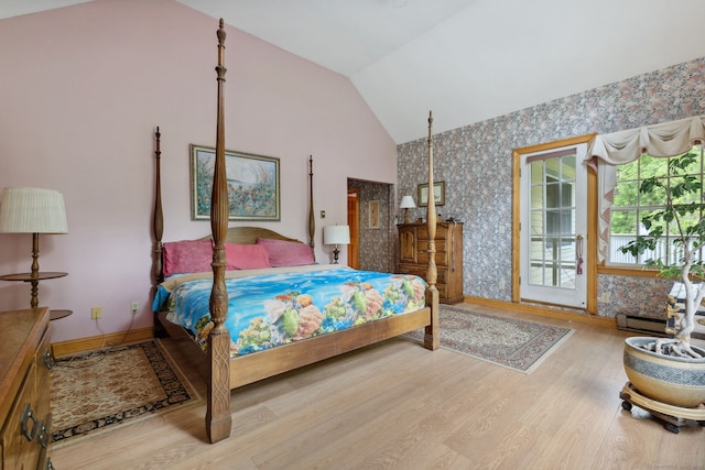 143 Petticoat Ln, East Haddam, CT 06423 - bedroom featuring lofted ceiling, wood finished floors, wallpapered walls, and baseboards