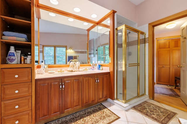 143 Petticoat Ln, East Haddam, CT 06423 - bathroom featuring a stall shower, double vanity, tile patterned flooring, and recessed lighting