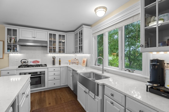 9 Rathbun Pl, Groton, CT 06355 - kitchen with under cabinet range hood, appliances with stainless steel finishes, a sink, white cabinetry, and dark wood finished floors