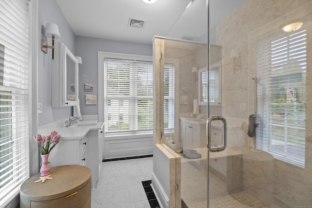 9 Rathbun Pl, Groton, CT 06355 - full bath with vanity, a stall shower, and marble finish floors