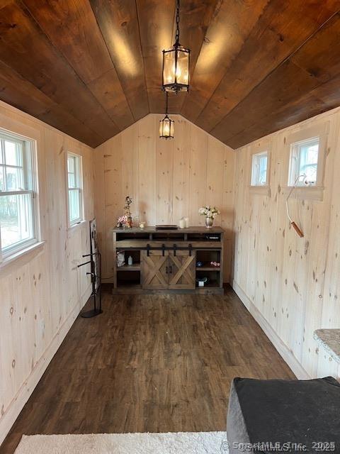 9 Rathbun Pl, Groton, CT 06355 - unfurnished dining area with dark wood-style flooring, lofted ceiling, wood walls, plenty of natural light, and baseboards