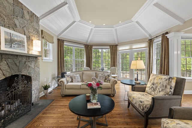 8 Hollow Oak Rd, Woodbridge, CT 06525 - living area featuring a fireplace, wood finished floors, and crown molding