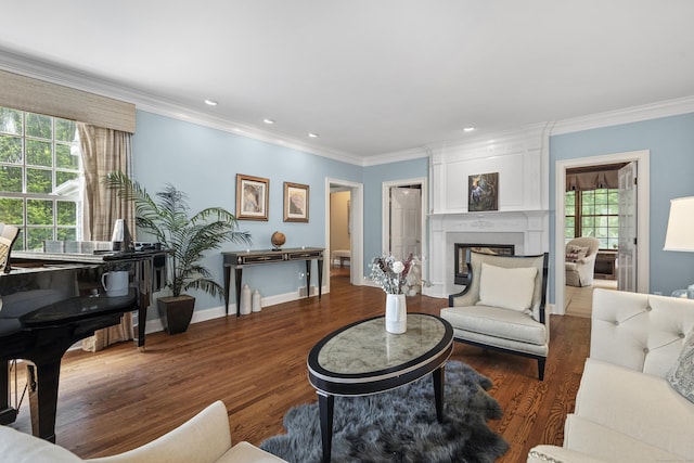 8 Hollow Oak Rd, Woodbridge, CT 06525 - living area with plenty of natural light, wood finished floors, a large fireplace, ornamental molding, and recessed lighting