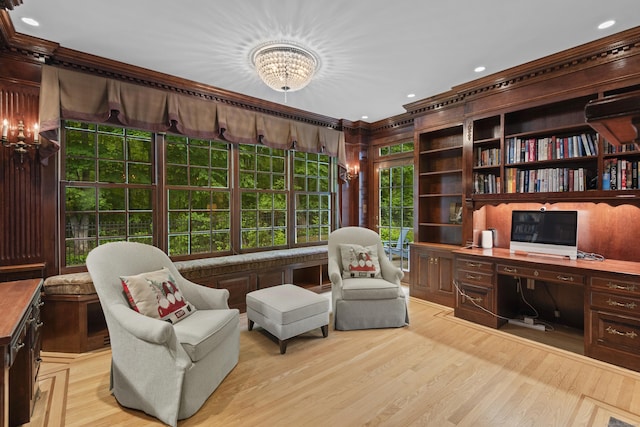 8 Hollow Oak Rd, Woodbridge, CT 06525 - home office featuring a chandelier, crown molding, light wood-type flooring, and recessed lighting
