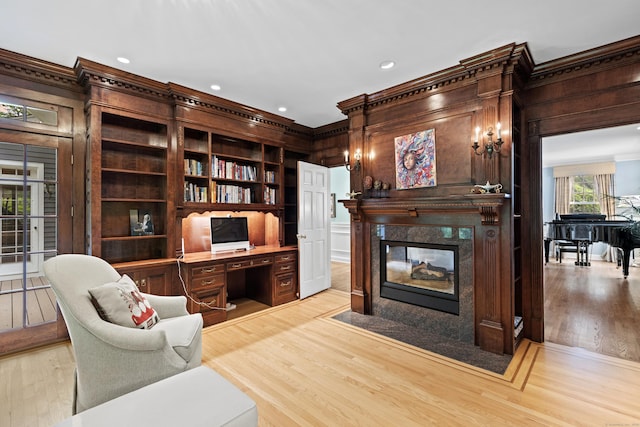 8 Hollow Oak Rd, Woodbridge, CT 06525 - office space with a high end fireplace, crown molding, light wood-style floors, wooden walls, and recessed lighting