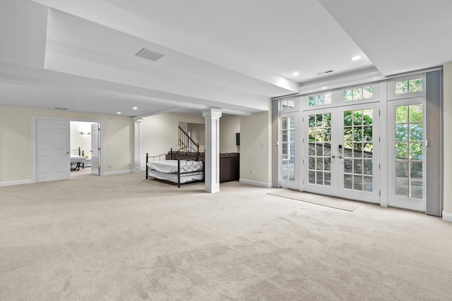 8 Hollow Oak Rd, Woodbridge, CT 06525 - below grade area with carpet flooring, french doors, recessed lighting, and stairway