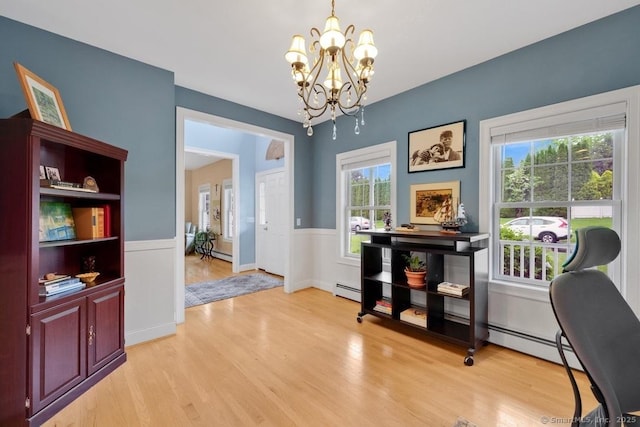 244 S St, Vernon, CT 06066 - dining room with a chandelier, wainscoting, light wood-style floors, and a baseboard radiator