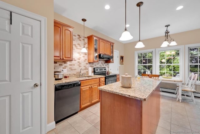 244 S St, Vernon, CT 06066 - kitchen featuring dishwasher, electric stove, light tile patterned flooring, under cabinet range hood, and light stone counters