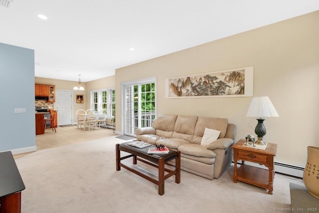 244 S St, Vernon, CT 06066 - living area with a baseboard radiator, light carpet, and recessed lighting