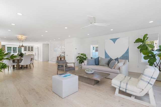 5 Compo Hill Ave, Westport, CT 06880 - living area with light wood-type flooring, recessed lighting, plenty of natural light, and a ceiling fan