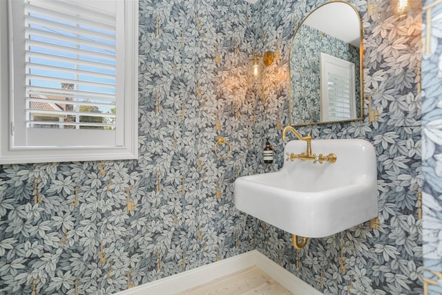 5 Compo Hill Ave, Westport, CT 06880 - bathroom featuring wallpapered walls, baseboards, a sink, and wood finished floors