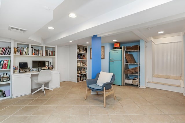 5 Compo Hill Ave, Westport, CT 06880 - home office featuring built in desk, light tile patterned floors, built in features, and recessed lighting