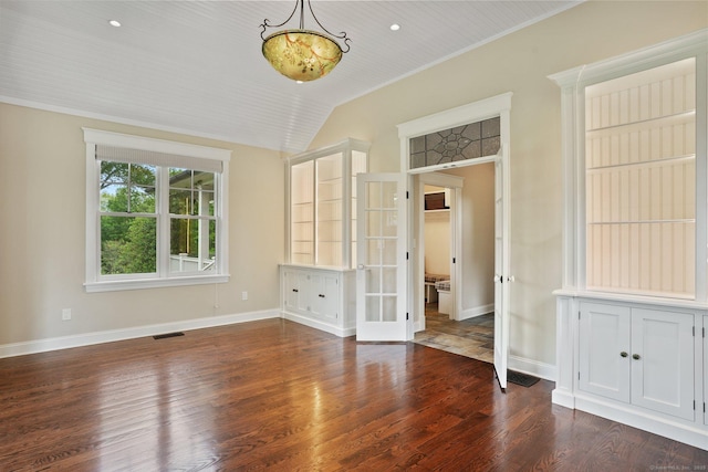128 Chestnut Hill Rd, Killingworth, CT 06419 - unfurnished dining area featuring french doors, dark wood-style flooring, vaulted ceiling, and crown molding