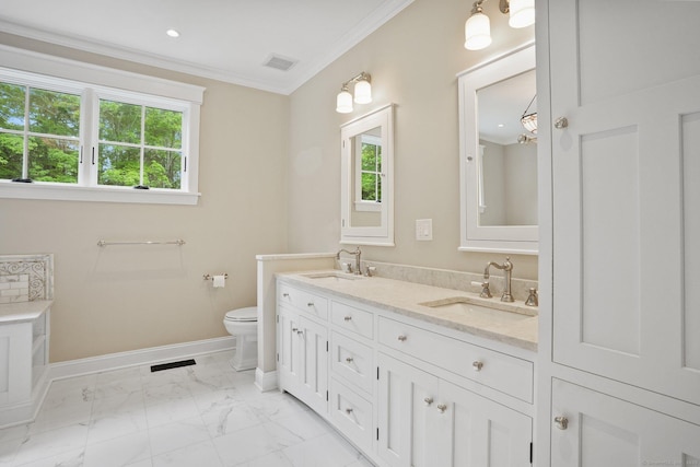 128 Chestnut Hill Rd, Killingworth, CT 06419 - bathroom featuring marble finish floors, plenty of natural light, double vanity, ornamental molding, and recessed lighting