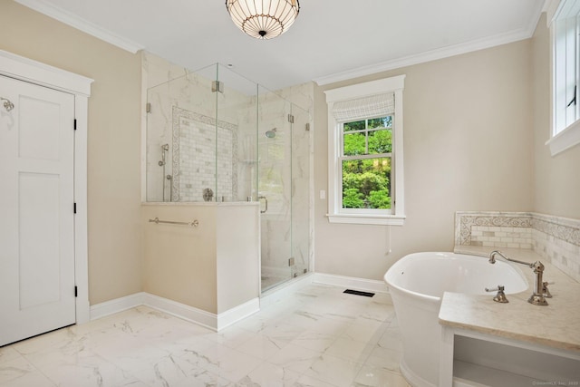 128 Chestnut Hill Rd, Killingworth, CT 06419 - full bathroom with a freestanding bath, plenty of natural light, a marble finish shower, crown molding, and marble finish flooring