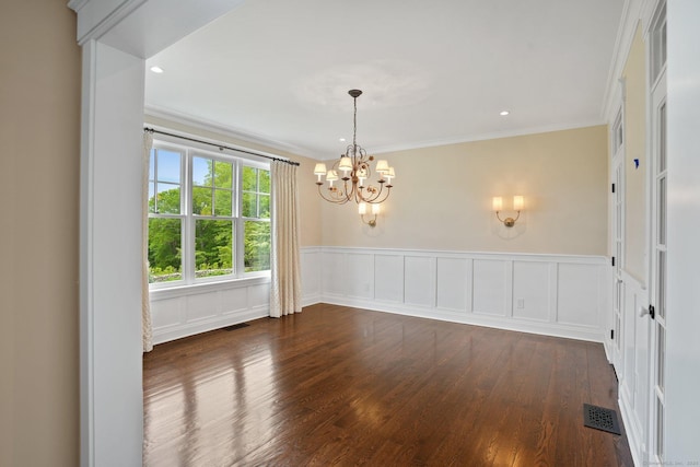 128 Chestnut Hill Rd, Killingworth, CT 06419 - unfurnished room with ornamental molding, dark wood-style flooring, a chandelier, a wainscoted wall, and recessed lighting