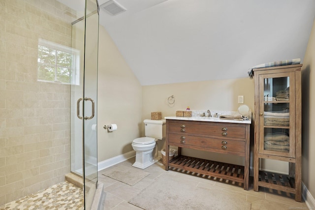 128 Chestnut Hill Rd, Killingworth, CT 06419 - full bath featuring lofted ceiling, a shower stall, vanity, and tile patterned flooring