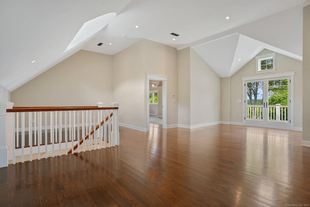 128 Chestnut Hill Rd, Killingworth, CT 06419 - unfurnished room featuring wood finished floors, a skylight, high vaulted ceiling, and recessed lighting