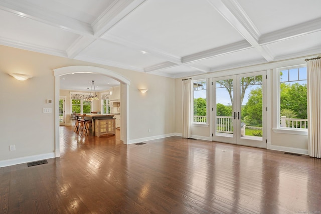 128 Chestnut Hill Rd, Killingworth, CT 06419 - spare room with arched walkways, french doors, coffered ceiling, wood finished floors, and a chandelier