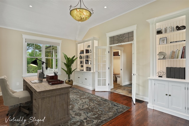 128 Chestnut Hill Rd, Killingworth, CT 06419 - office space with french doors, dark wood-style flooring, ornamental molding, vaulted ceiling, and recessed lighting