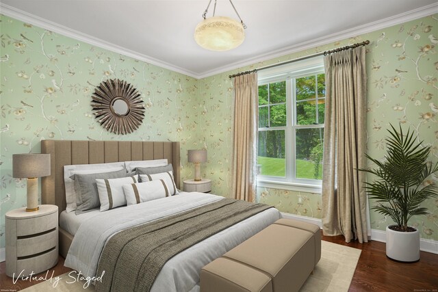 128 Chestnut Hill Rd, Killingworth, CT 06419 - bedroom with wood finished floors, ornamental molding, and wallpapered walls