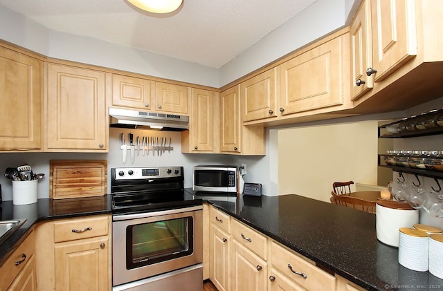 198 Mattabasset Dr Unit 198, Meriden, CT 06450 - kitchen featuring stainless steel appliances, under cabinet range hood, light brown cabinets, and dark stone counters