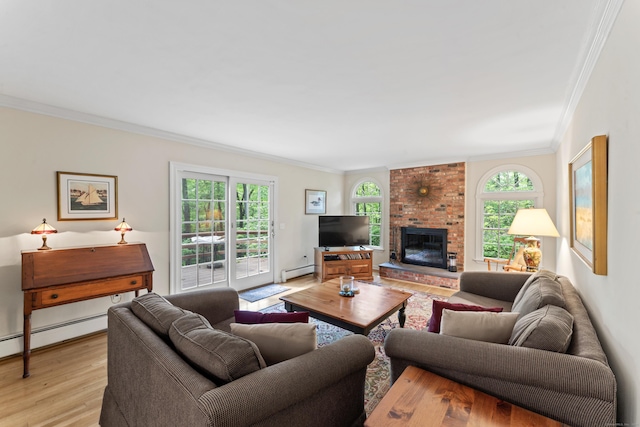 6 Middlebrook Pond Rd, Redding, CT 06896 - living area with baseboard heating, ornamental molding, light wood finished floors, and a fireplace