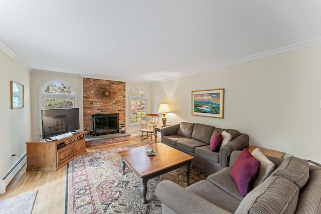 6 Middlebrook Pond Rd, Redding, CT 06896 - living area with a baseboard radiator, plenty of natural light, crown molding, light wood-type flooring, and a fireplace
