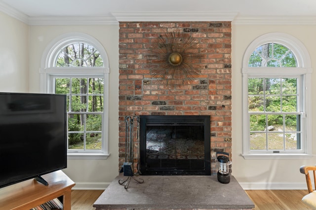 6 Middlebrook Pond Rd, Redding, CT 06896 - living room featuring wood finished floors, plenty of natural light, a fireplace, crown molding, and baseboards