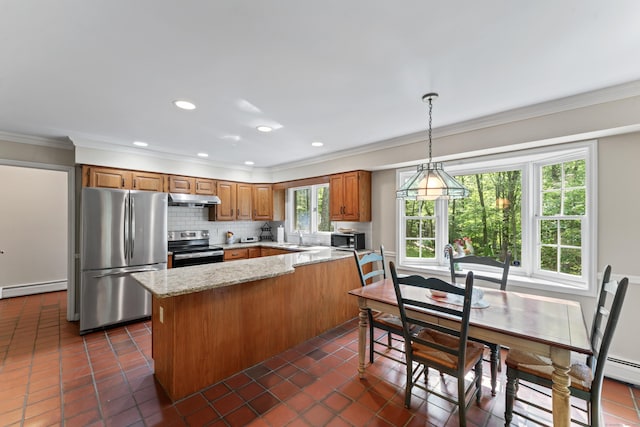 6 Middlebrook Pond Rd, Redding, CT 06896 - kitchen featuring appliances with stainless steel finishes, under cabinet range hood, a sink, brown cabinets, and a baseboard radiator
