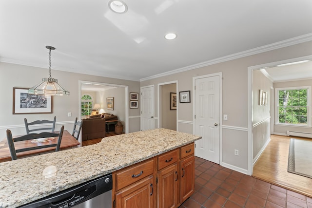 6 Middlebrook Pond Rd, Redding, CT 06896 - kitchen with stainless steel dishwasher, dark tile patterned floors, crown molding, light stone counters, and brown cabinetry