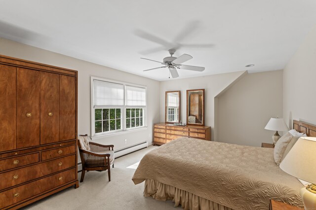 6 Middlebrook Pond Rd, Redding, CT 06896 - bedroom featuring a baseboard radiator, light carpet, ceiling fan, and baseboard heating