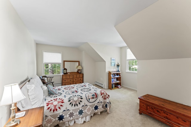 6 Middlebrook Pond Rd, Redding, CT 06896 - bedroom with a baseboard radiator, light colored carpet, and lofted ceiling