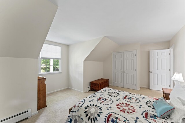 6 Middlebrook Pond Rd, Redding, CT 06896 - bedroom with a baseboard radiator, vaulted ceiling, carpet floors, a closet, and baseboards