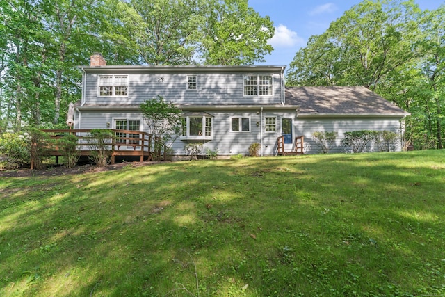 6 Middlebrook Pond Rd, Redding, CT 06896 - rear view of house featuring a chimney, a yard, and a wooden deck