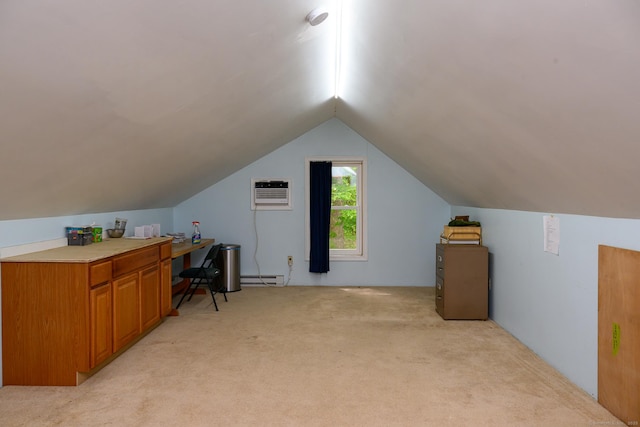 138 Baltic Hanover Rd, Sprague, CT 06330 - office with a baseboard heating unit, light colored carpet, lofted ceiling, and a wall mounted AC
