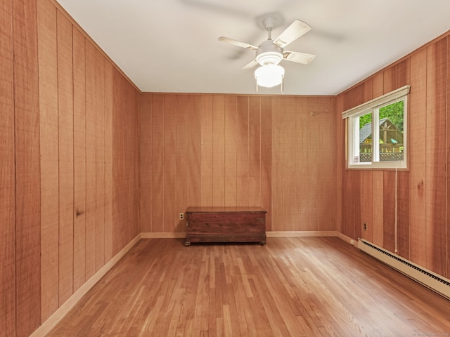 37 Windsor Ln, Greenwich, CT 06807 - unfurnished room with wood finished floors, baseboard heating, wood walls, ceiling fan, and baseboards