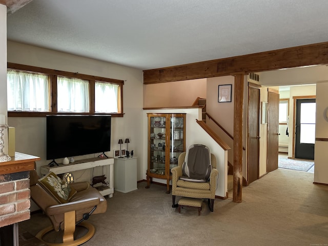 6 Deer Hill Ct Unit 6, Woodbury, CT 06798 - living room with carpet flooring, baseboard heating, and stairway
