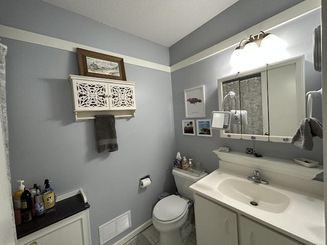 6 Deer Hill Ct Unit 6, Woodbury, CT 06798 - full bathroom featuring vanity, toilet, a shower with shower curtain, tile patterned floors, and a textured ceiling