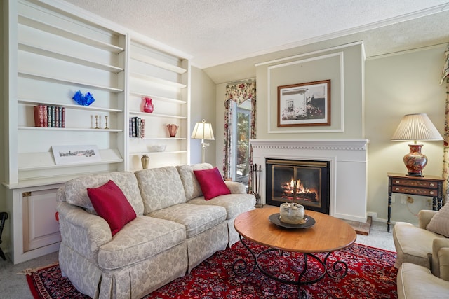 78 Heritage Vlg Unit A, Southbury, CT 06488 - living room featuring a textured ceiling, a glass covered fireplace, carpet, and ornamental molding