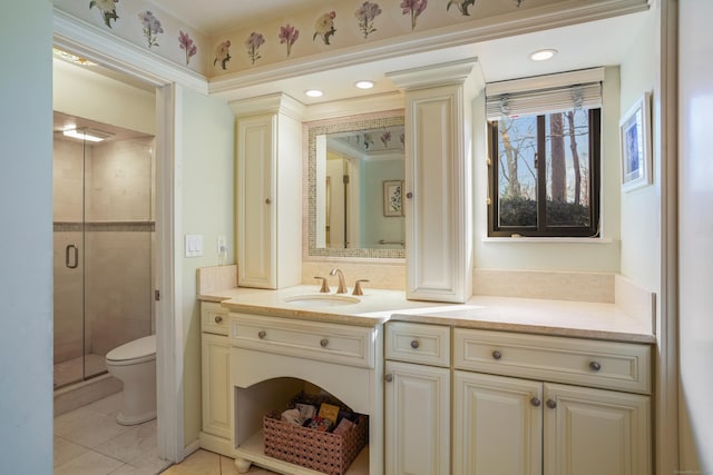 78 Heritage Vlg Unit A, Southbury, CT 06488 - full bath featuring vanity, a shower stall, toilet, and tile patterned floors
