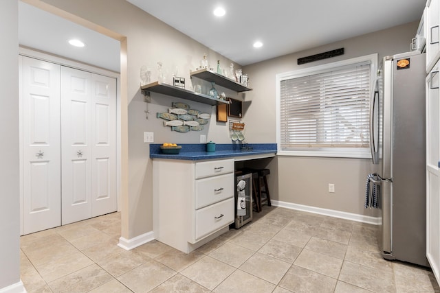 1 Mansfield Grove Rd Apt 205, East Haven, CT 06512 - indoor dry bar featuring freestanding refrigerator, light tile patterned floors, baseboards, recessed lighting, and wine cooler