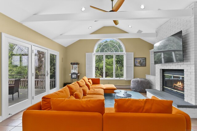 440 Hilltop Rd, Bridgeport, CT 06605 - living room with a fireplace, ceiling fan, a baseboard radiator, recessed lighting, and light tile patterned flooring