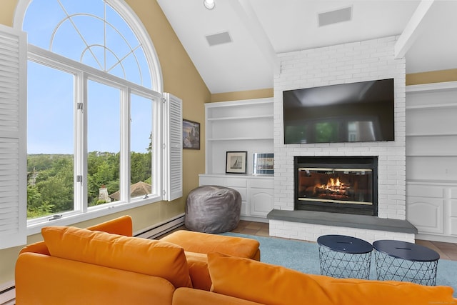 440 Hilltop Rd, Bridgeport, CT 06605 - living area featuring a baseboard radiator, lofted ceiling, a brick fireplace, built in shelves, and tile patterned floors