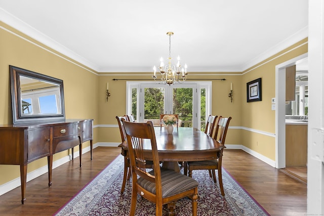 440 Hilltop Rd, Bridgeport, CT 06605 - dining space with a chandelier, dark wood-type flooring, baseboards, and ornamental molding