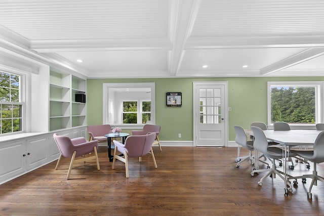 440 Hilltop Rd, Bridgeport, CT 06605 - dining space featuring plenty of natural light, ornamental molding, beamed ceiling, dark wood finished floors, and recessed lighting